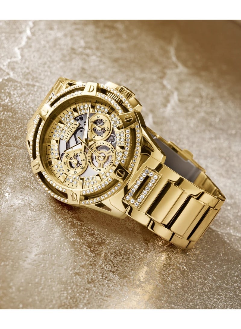 Guess King GW0497G2 Men’s Gold Tone Multi-Function Watch – 48 mm Skeleton Dial with Crystals, Gold Stainless Steel Bracelet, Pilot Buckle, 5 ATM Water-Resistant - Image 1
