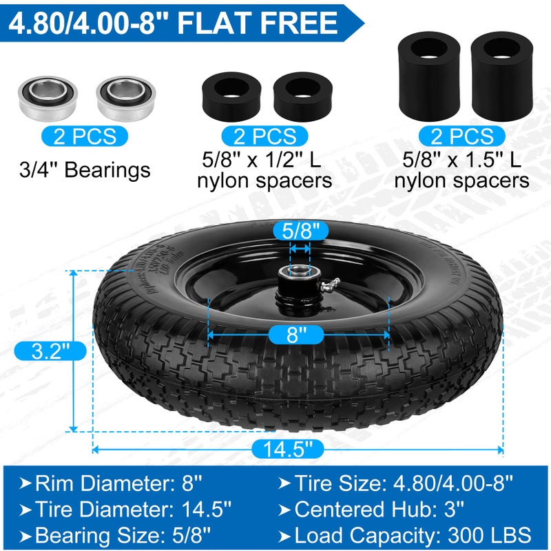 phepetroll 4.80/4.00-8" Flat Free Wheelbarrow Tires and Wheels, 14.5" Universal Fit Solid Tires with 5/8" or 3/4" Bearing, 3"-7" Hub, Adapter Kit Hand Truck Wheels Replacement for 3.50/2.50-8", 4.00-6"etc, 1 PCS - Image 2