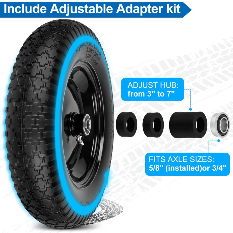 phepetroll 4.80/4.00-8" Flat Free Wheelbarrow Tires and Wheels, 14.5" Universal Fit Solid Tires with 5/8" or 3/4" Bearing, 3"-7" Hub, Adapter Kit Hand Truck Wheels Replacement for 3.50/2.50-8", 4.00-6"etc, 1 PCS - Image 3