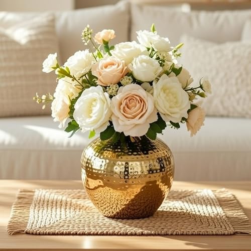 BEHOMA Metal Flower Vase For Home Decor | Table Decorative Item For Bedroom Living Room Office | Best Gift For Wedding Festivals Birthday | Golden Small 1Pc (Flower Not Included, Round) - Image 1