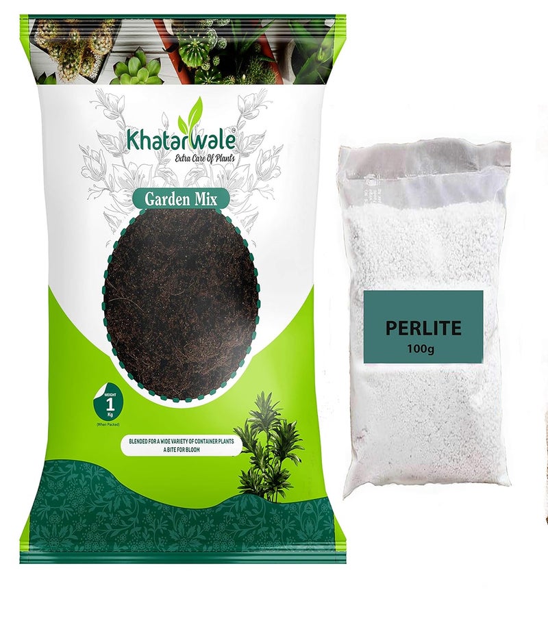 Khatarwale Organic Garden Mix Fertilizer 1kg Ready to Use Compost and Khatarwale Organic Perlite 100g for Garden Indoor Outdoor Plants