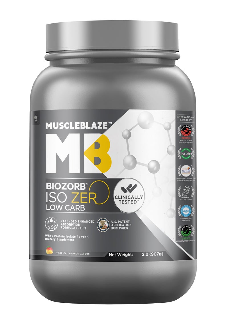 MUSCLEBLAZE MuscleBlaze Biozorb Iso-Zero, Low Carb (Tropical Mango, 2lbs / 907g)  - Image 1