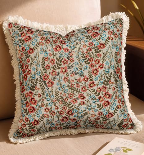 Kokaaee Decorative Throw Pillow Cover 18x18 Vintage Pillowcovers with Fringe Retro Flower Embroidered Pillow Case with Zipper for Living Room Couch Sofa Bed Rustic Boho Design Abstract - Image 1