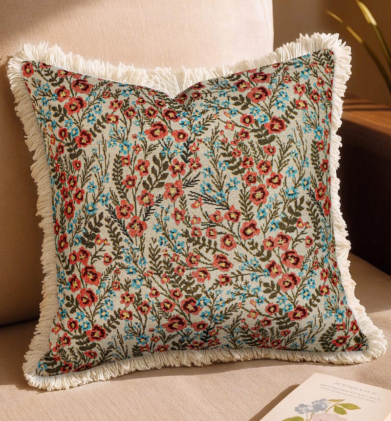Kokaaee Decorative Throw Pillow Cover 18x18 Vintage Pillowcovers with Fringe Retro Flower Embroidered Pillow Case with Zipper for Living Room Couch Sofa Bed Rustic Boho Design Abstract - Image 2