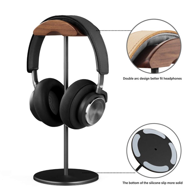 QinCoon Headphone Stand, Walnut Wood & Aluminum Headset Stand, Nature Walnut Gaming Headset Holder with Solid Heavy Base for All Headphone Sizes (Black) - Image 4