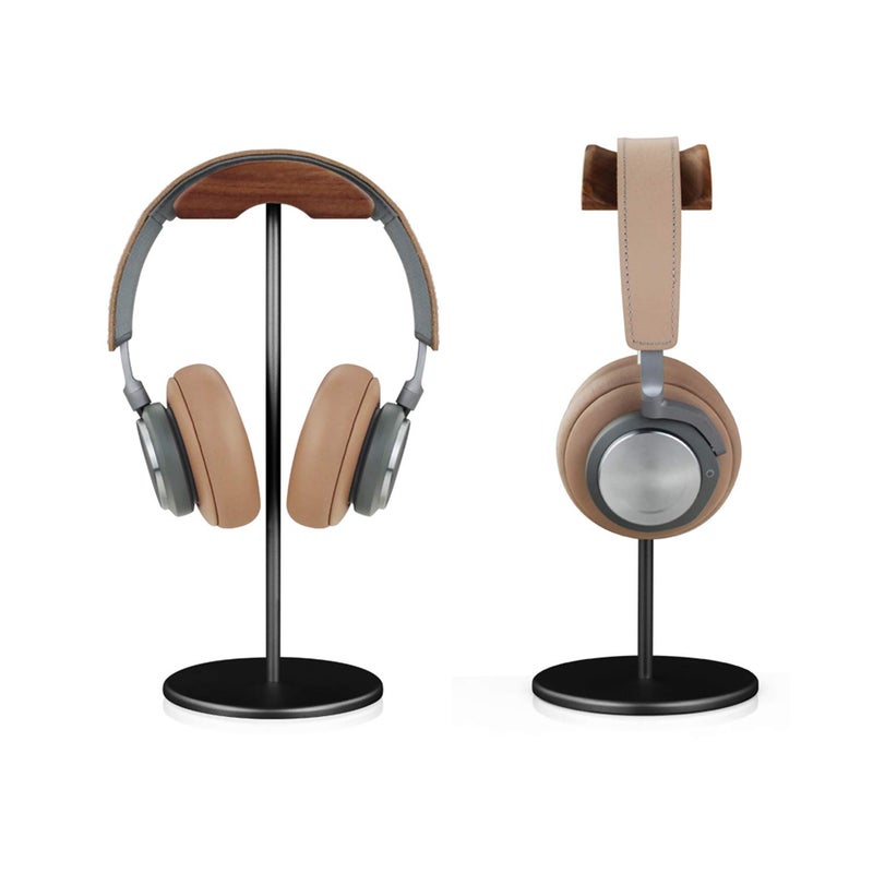 QinCoon Headphone Stand, Walnut Wood & Aluminum Headset Stand, Nature Walnut Gaming Headset Holder with Solid Heavy Base for All Headphone Sizes (Black) - Image 2