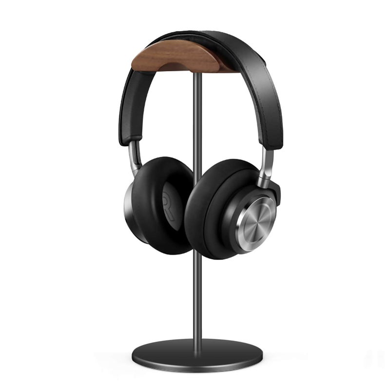 QinCoon Headphone Stand, Walnut Wood & Aluminum Headset Stand, Nature Walnut Gaming Headset Holder with Solid Heavy Base for All Headphone Sizes (Black) - Image 1