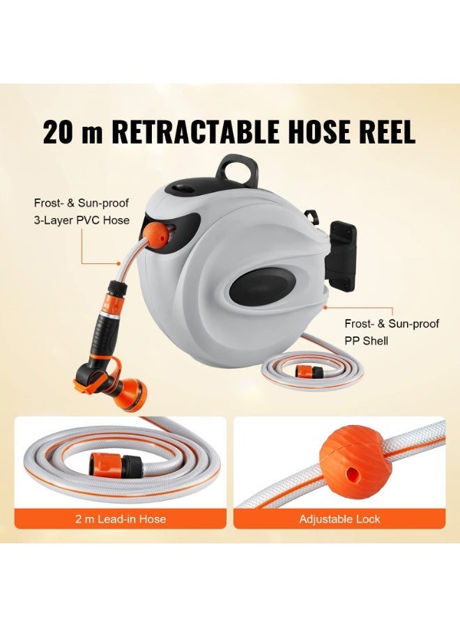 Arabest Retractable Hose Reel, 65.6 ft x 1/2 inch, 180° Swivel Bracket Wall-Mounted, Garden Water Hose Reel with 9-Pattern Nozzle and 3 Fast Adaptors, Automatic Rewind, Lock at Any Length - Image 5