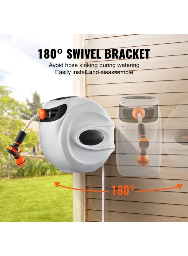 Arabest Retractable Hose Reel, 65.6 ft x 1/2 inch, 180° Swivel Bracket Wall-Mounted, Garden Water Hose Reel with 9-Pattern Nozzle and 3 Fast Adaptors, Automatic Rewind, Lock at Any Length - Image 3
