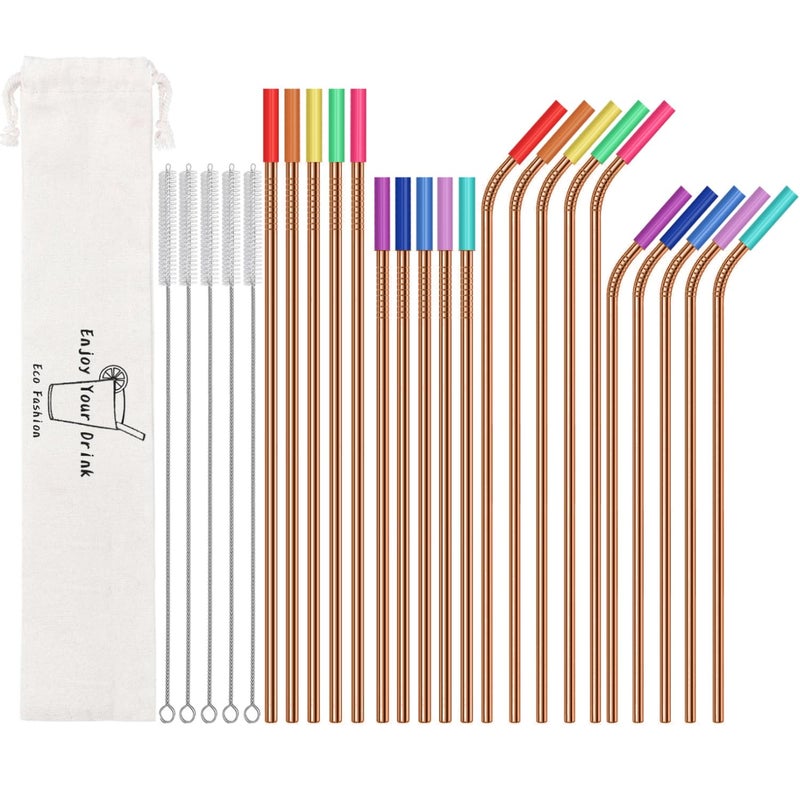 MUTNITT 20 Pcs Rose Gold Reusable Stainless Steel Straws,10.5" & 8.5" Reusable Drinking Straws with 20 Silicone Tips 5 Straw Brushes 1 Travel Case,Eco Friendly Extra Long Metal Straw for 20 24 30 oz Tumbler - Image 1