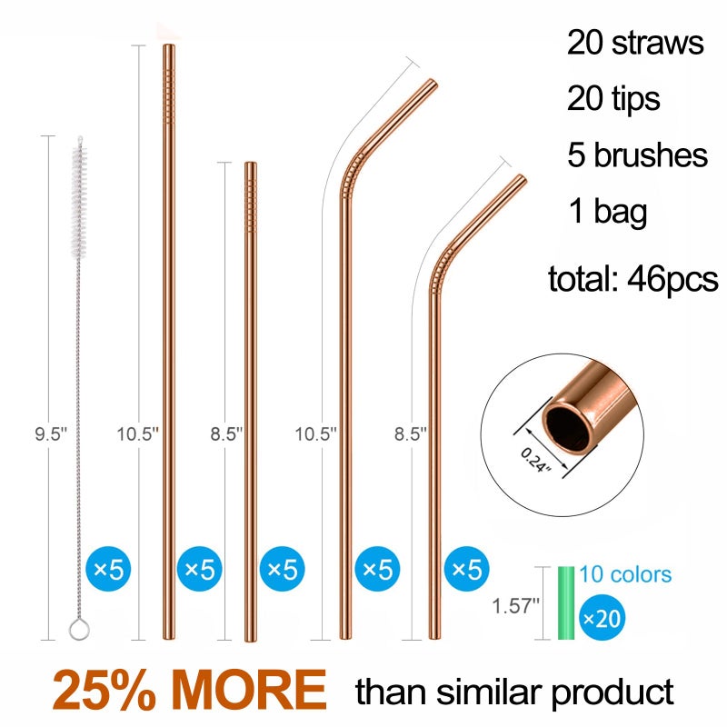 MUTNITT 20 Pcs Rose Gold Reusable Stainless Steel Straws,10.5" & 8.5" Reusable Drinking Straws with 20 Silicone Tips 5 Straw Brushes 1 Travel Case,Eco Friendly Extra Long Metal Straw for 20 24 30 oz Tumbler - Image 2