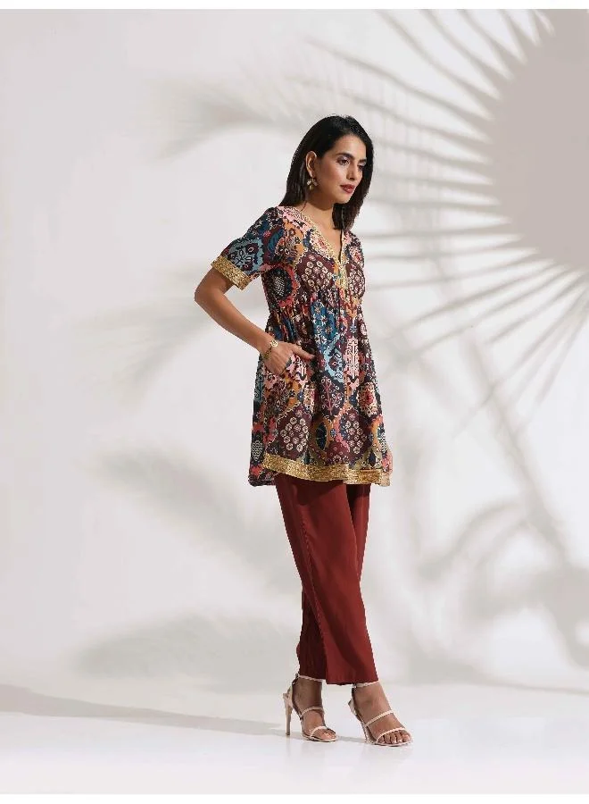 trueBrowns Brown Print Flared Co-ord Set