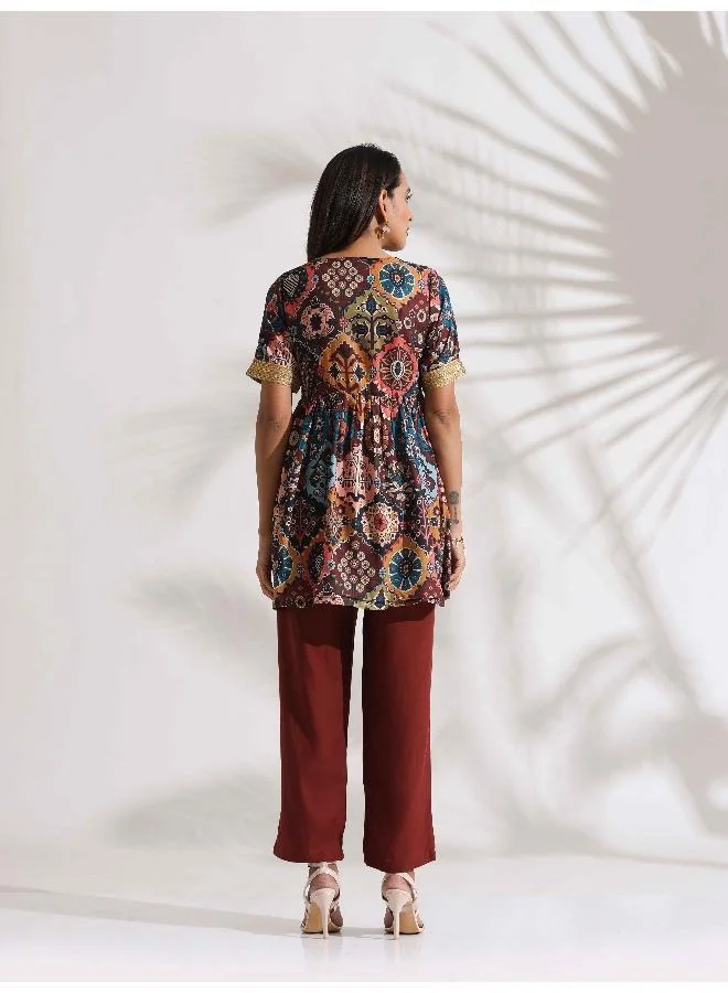 trueBrowns Brown Print Flared Co-ord Set