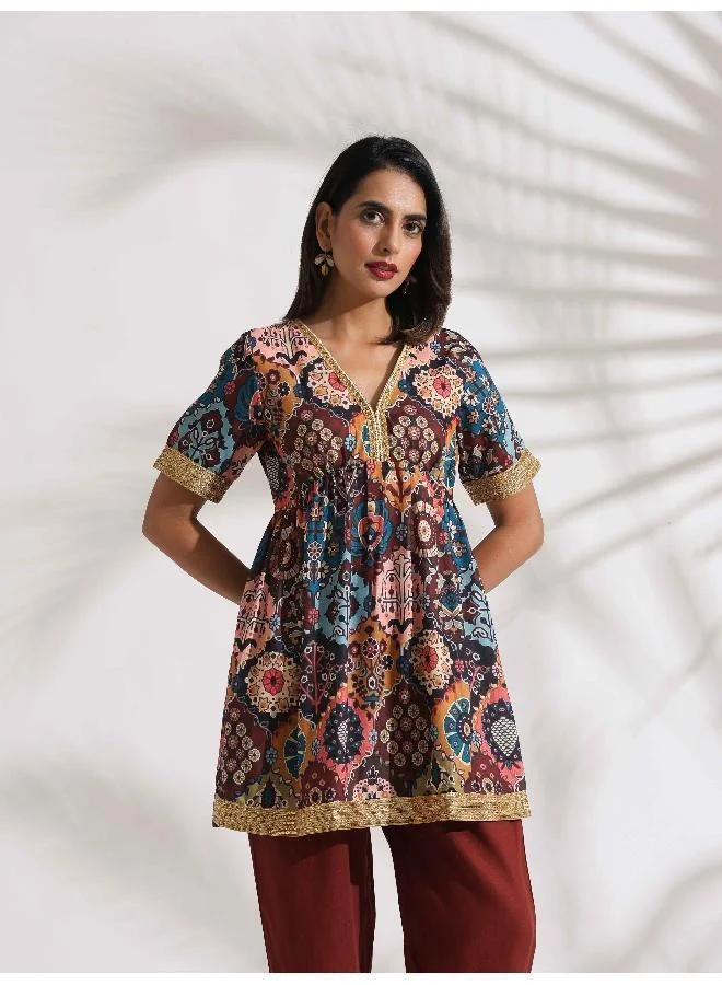 trueBrowns Brown Print Flared Co-ord Set