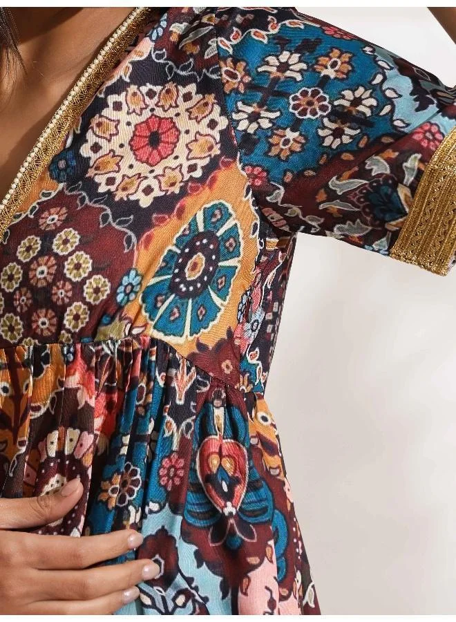 trueBrowns Brown Print Flared Co-ord Set