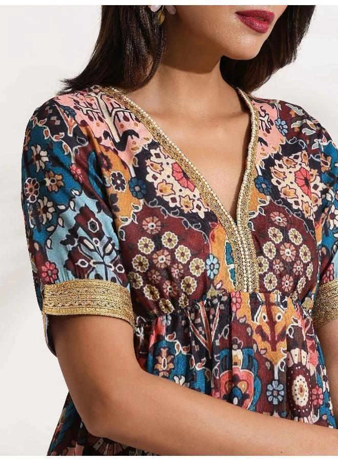 trueBrowns Brown Print Flared Co-ord Set