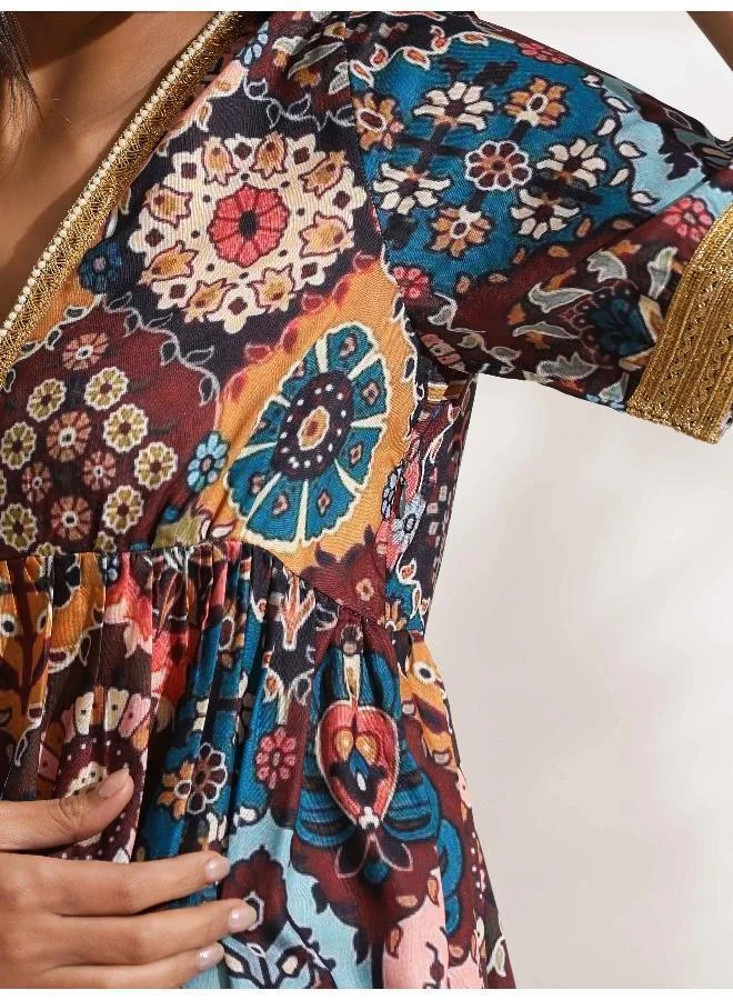 trueBrowns Brown Print Flared Co-ord Set