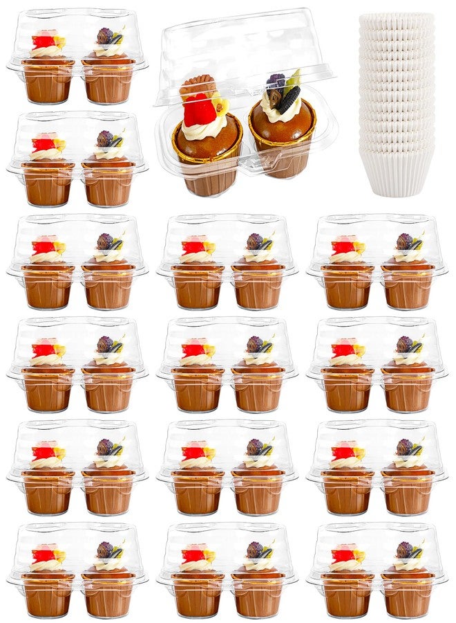 Cptoion 2 Compartment Cupcake Containers,50 Pcs 2 Cavity Cupcake Boxes,150 Pcs Mini Baking Cups,Stackable Deep Dome Cupcake Carrier Holder with Lid for Cupcakes Muffins Pies,BPA-Free - Image 1