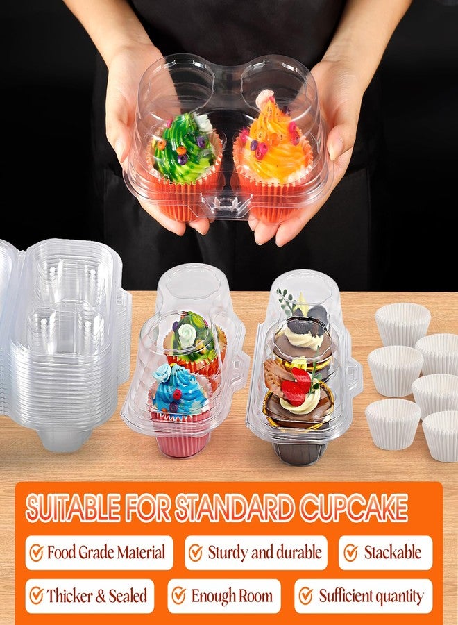 Cptoion 2 Compartment Cupcake Containers,50 Pcs 2 Cavity Cupcake Boxes,150 Pcs Mini Baking Cups,Stackable Deep Dome Cupcake Carrier Holder with Lid for Cupcakes Muffins Pies,BPA-Free - Image 3