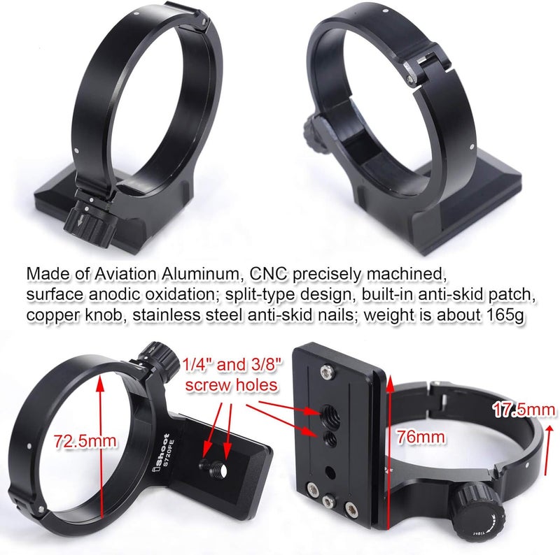 iShoot Camera Metal Lens Collar Foot Tripod Mount Ring for Sony FE 70-200mm f/4 G OSS Lens SEL70200G, Built-in ARCA Swiss Type Quick Release Plate with 1/4" and 3/8" Screw Holes - Image 3