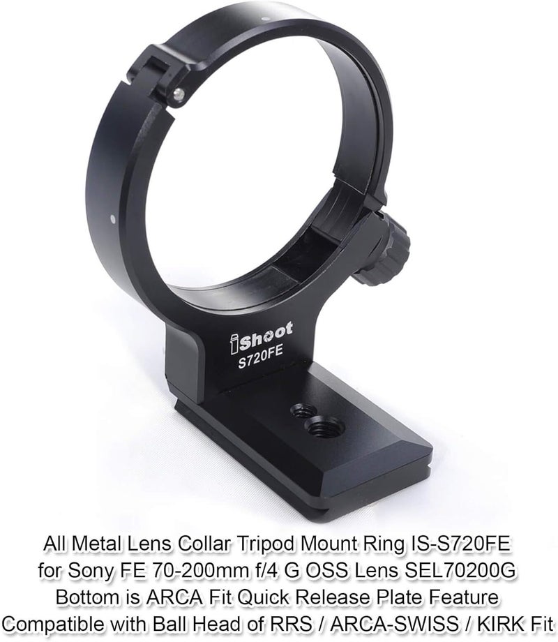 iShoot Camera Metal Lens Collar Foot Tripod Mount Ring for Sony FE 70-200mm f/4 G OSS Lens SEL70200G, Built-in ARCA Swiss Type Quick Release Plate with 1/4" and 3/8" Screw Holes - Image 2