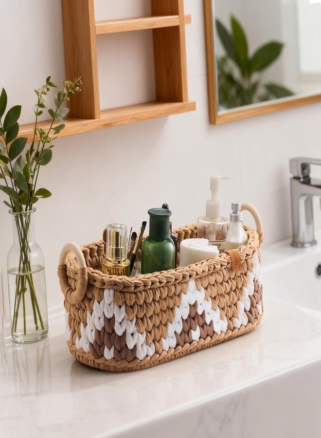 Mokof Handwoven Toilet Paper Storage Basket with Wooden Base & Handles - Boho Modern Bathroom Organizer, Small Shelf Basket for Living Room, Bedroom, Nursery (Brown) - Image 3