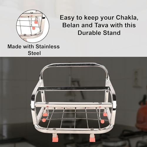 Rollyware 100% Stainless Steel Belan and Chakla Stand, Belan Tawa Chimta Rolling Pin Holder, Lightweight, Durable Chakla Holder for Kitchen, 4in1 Kitchen Rack - Image 5