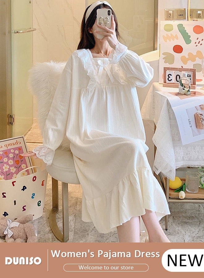 DUNISO Women's Long Sleeve Nightgown, Soft Comfortable Cotton Sleepwear Dress, Ventilate Square Neck Home Wear with Bow Decoration, Lounge Dress for Can Be Worn Outside - Image 1