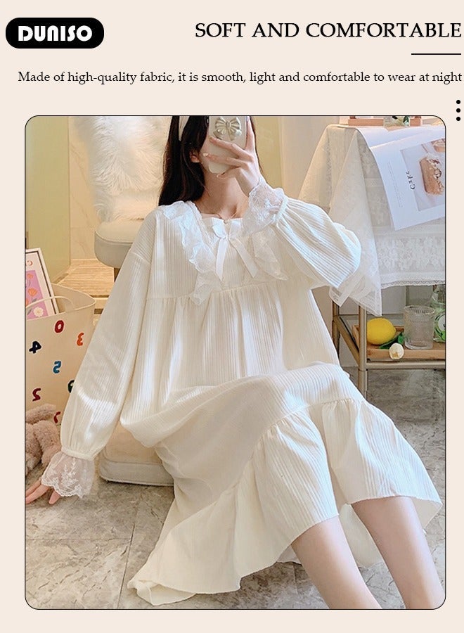 DUNISO Women's Long Sleeve Nightgown, Soft Comfortable Cotton Sleepwear Dress, Ventilate Square Neck Home Wear with Bow Decoration, Lounge Dress for Can Be Worn Outside - Image 3