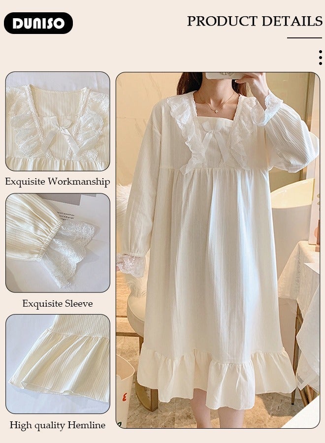 DUNISO Women's Long Sleeve Nightgown, Soft Comfortable Cotton Sleepwear Dress, Ventilate Square Neck Home Wear with Bow Decoration, Lounge Dress for Can Be Worn Outside - Image 2