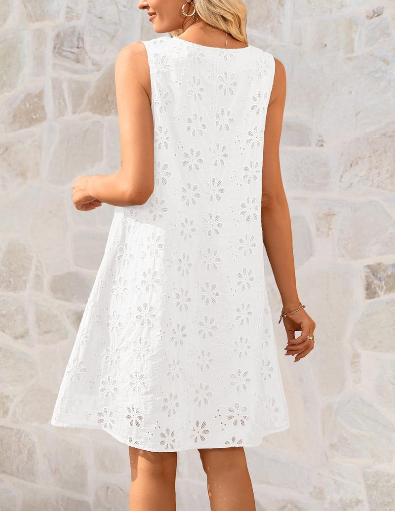 MEROKEETY Women's Summer Eyelet Hollow Out Sundress 2026 Sleeveless Swing A Line Boho Beach Vacation Mini Short Dresses, White, L - Image 5