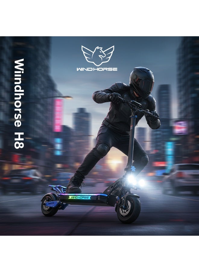 حصان الريح سكوتر كهربائي قابل للطي H8 3600 واط (محركان مزدوجان 1800 واط)، بطارية 48 فولت 27 أمبير، سرعة 80 كم/ساعة، مدى 65 كم، تعليق مزدوج، فرامل قرصية، إطارات 10x3 بوصة، أضواء RGB، شاشة رقمية كبيرة - Image 2