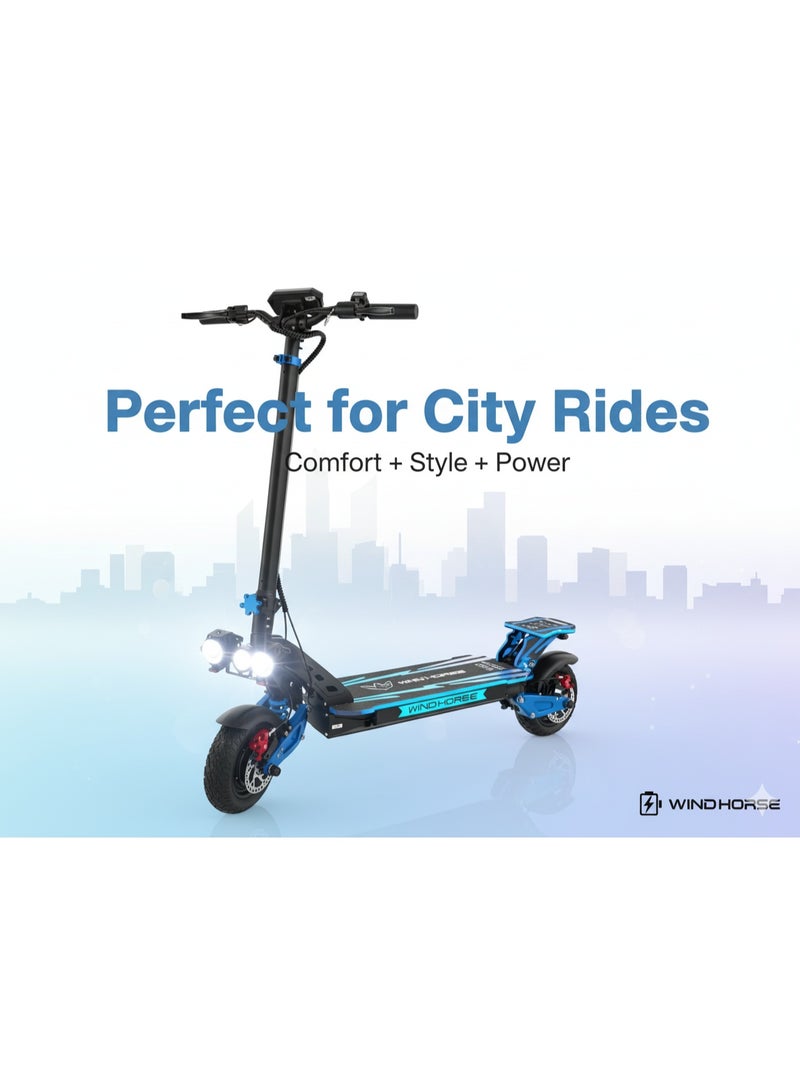 حصان الريح سكوتر كهربائي قابل للطي H8 3600 واط (محركان مزدوجان 1800 واط)، بطارية 48 فولت 27 أمبير، سرعة 80 كم/ساعة، مدى 65 كم، تعليق مزدوج، فرامل قرصية، إطارات 10x3 بوصة، أضواء RGB، شاشة رقمية كبيرة - Image 3