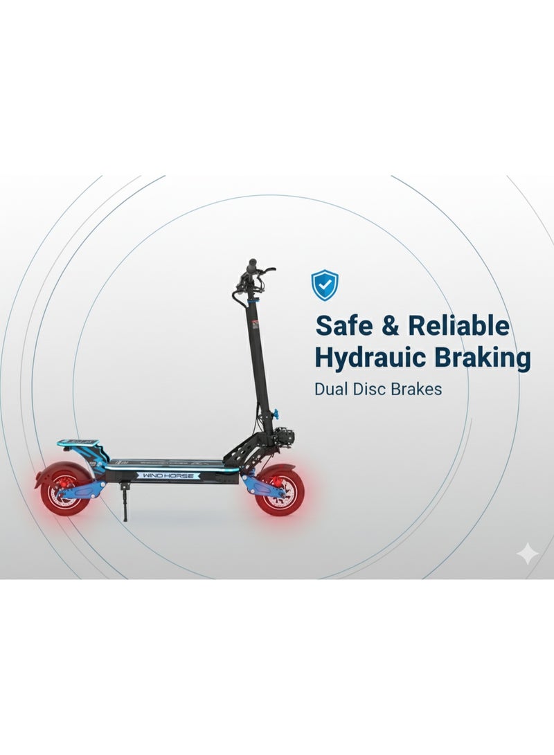 حصان الريح سكوتر كهربائي قابل للطي H8 3600 واط (محركان مزدوجان 1800 واط)، بطارية 48 فولت 27 أمبير، سرعة 80 كم/ساعة، مدى 65 كم، تعليق مزدوج، فرامل قرصية، إطارات 10x3 بوصة، أضواء RGB، شاشة رقمية كبيرة - Image 4