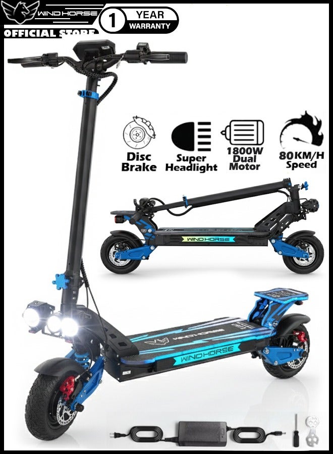 حصان الريح سكوتر كهربائي قابل للطي H8 3600 واط (محركان مزدوجان 1800 واط)، بطارية 48 فولت 27 أمبير، سرعة 80 كم/ساعة، مدى 65 كم، تعليق مزدوج، فرامل قرصية، إطارات 10x3 بوصة، أضواء RGB، شاشة رقمية كبيرة - Image 1