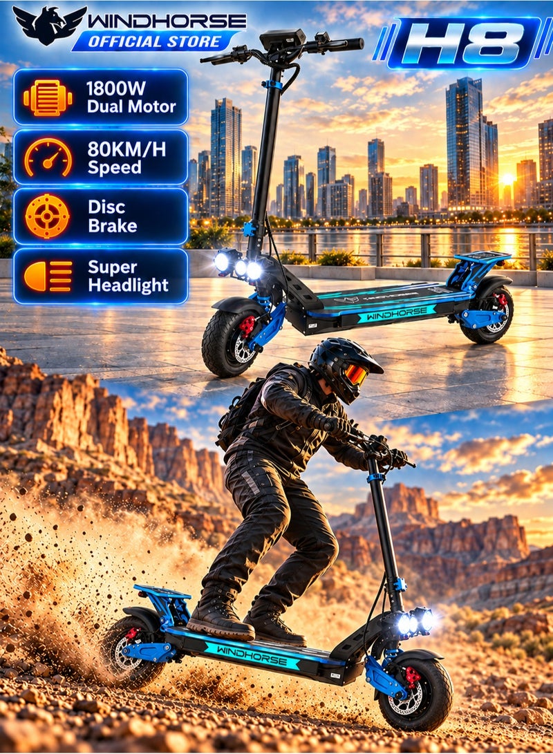 Wind Horse H8 Electric Folding Scooter 3600W (Dual 1800W Motors), 48V 27Ah Battery, 80KM/H Speed, 65KM Range, Dual Suspension, Disc Brakes, 10x3 Inches Tires, RGB Lights, Big Digital Display - Image 1