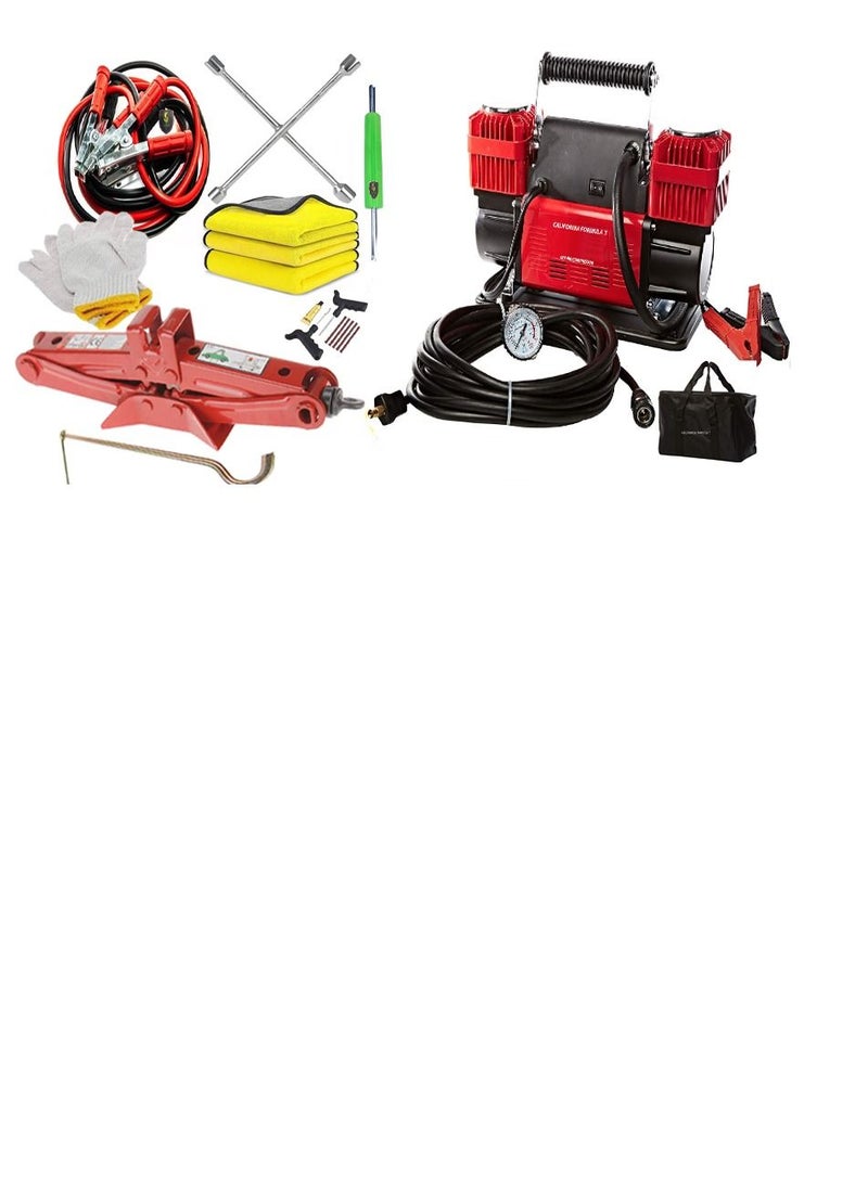 California formula-T California Dual Cylinder Car Air Compressor Ultra Extreme 4x4 300 LM 150 PSI Include Car Jack 1.5 Ton Booster Cable 500Amp 2.5 Mtr Deflator Cleaning Towels 3pcs 40x40cm  Gloves Carry Bag Combo Pack  - Image 1
