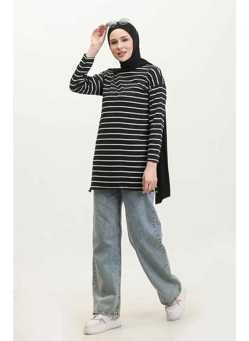 Sefa Merve Striped Combed Cotton Tunic 8705A-01 Black