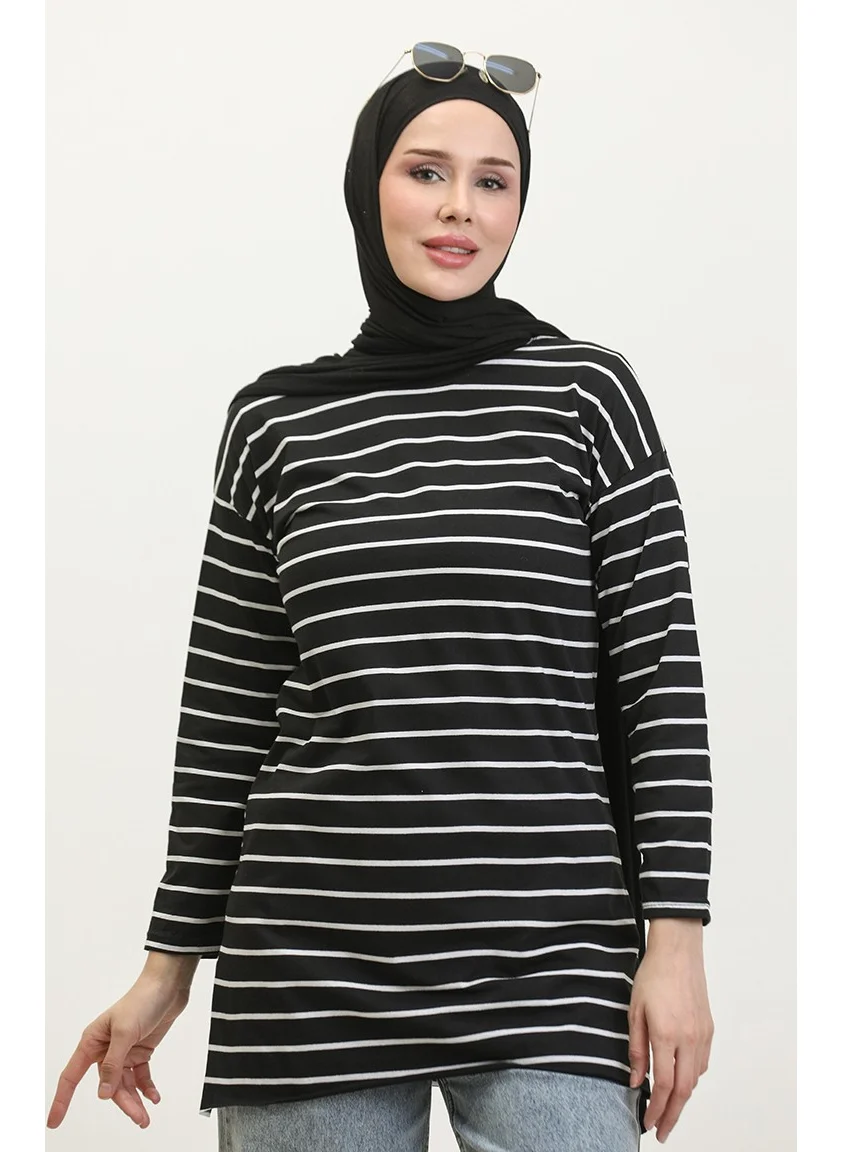 Sefa Merve Striped Combed Cotton Tunic 8705A-01 Black