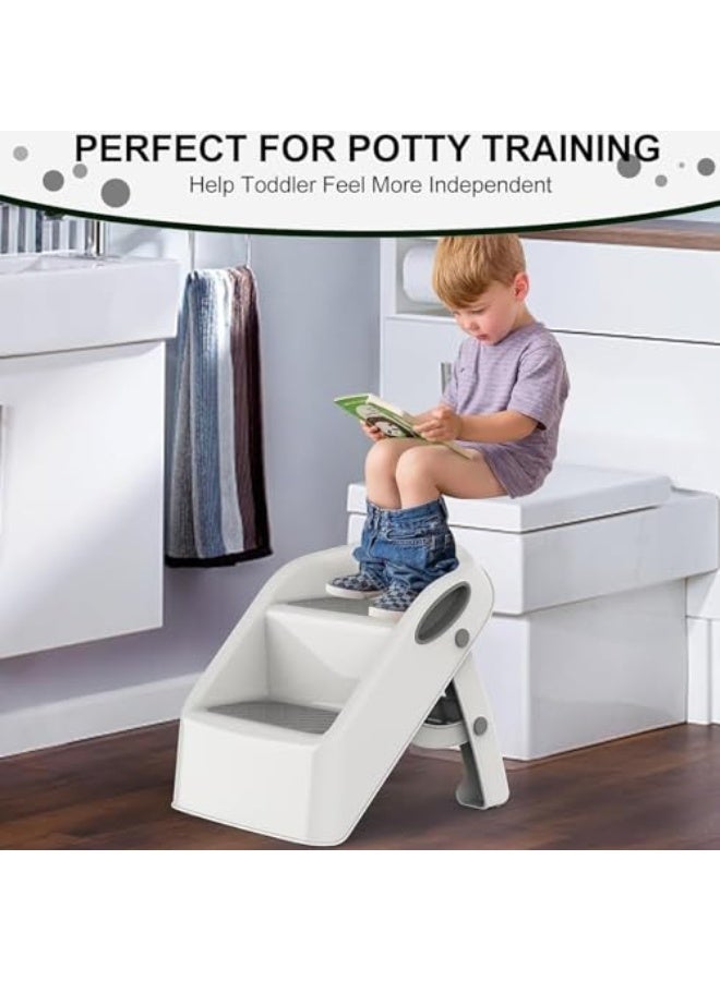 U HOOME Foldable Toddler Step Stool for Kids Kitchen Bathroom Sink,Toilet Steps Potty Training Stool,Dual Height 11" Kitchen Helper Plastic Poop Stools Ladder with Handles Nursery Foot Stools (White1)  - Image 5