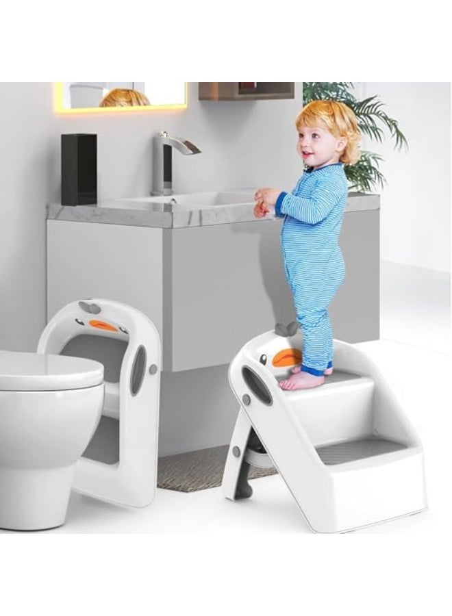 U HOOME Foldable Toddler Step Stool for Kids Kitchen Bathroom Sink,Toilet Steps Potty Training Stool,Dual Height 11" Kitchen Helper Plastic Poop Stools Ladder with Handles Nursery Foot Stools (White1)  - Image 4