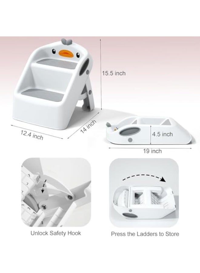 U HOOME Foldable Toddler Step Stool for Kids Kitchen Bathroom Sink,Toilet Steps Potty Training Stool,Dual Height 11" Kitchen Helper Plastic Poop Stools Ladder with Handles Nursery Foot Stools (White1)  - Image 2