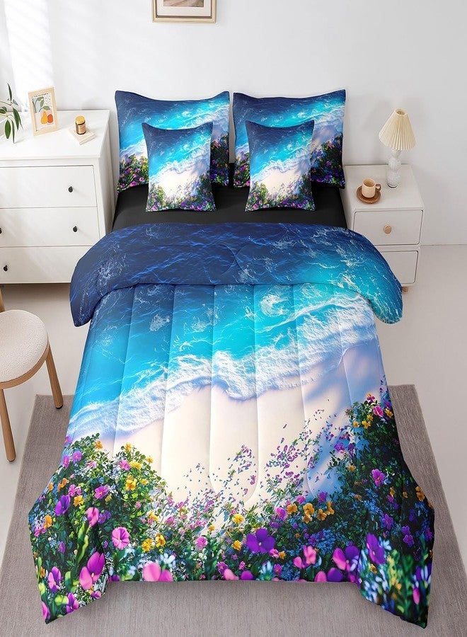 Feelyou طقم مفروشات Feelyou Pretty Ocean Beach مكون من 7 قطع، مقاس كينج، طقم لحاف مزين بالزهور اللطيفة مع ملاءات، مناسب للكبار والصغار (أولاد وبنات)، باللون الأزرق والبنفسجي والأصفر، طقم سرير متكامل بتصميم شاطئي - Image 1