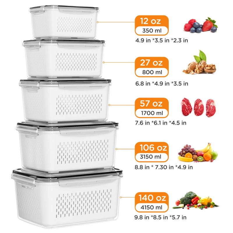 Winproper 5-Pack Fruit Storage Containers for Fridge with Removable Colanders, 4 in 1 Produce Storage Containers with Lids, Leakproof Fridge Organizer Bins for Salad Berry Lettuce Vegetables Meat Keeper Fresh - Image 5