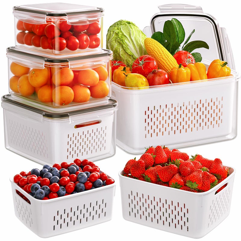Winproper 5-Pack Fruit Storage Containers for Fridge with Removable Colanders, 4 in 1 Produce Storage Containers with Lids, Leakproof Fridge Organizer Bins for Salad Berry Lettuce Vegetables Meat Keeper Fresh - Image 1