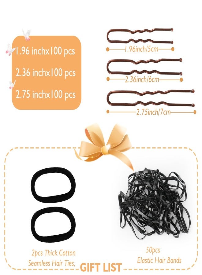 DySaLic 300Pcs U-Shaped Hair Pins (2.8IN, 2.4IN, 2IN) for Women, Kids, Girls - with Storage Box, 2Pcs Thick Seamless Hair Ties, and 50Pcs Elastic Hair Bands in Brown for All Hair Types - Image 2
