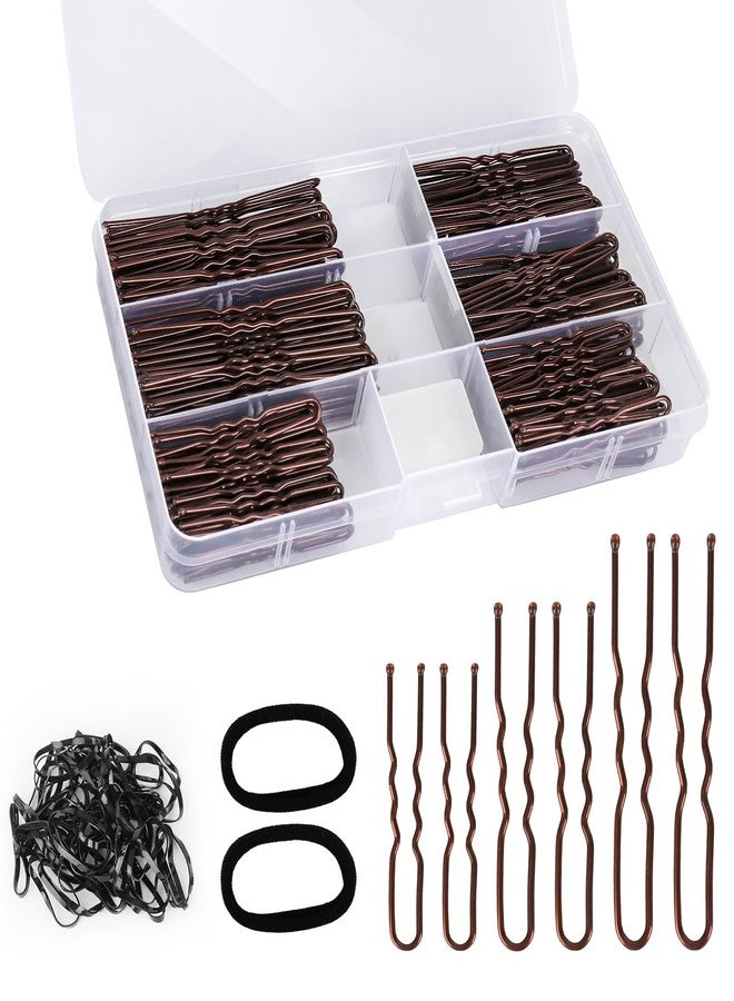 DySaLic 300Pcs U-Shaped Hair Pins (2.8IN, 2.4IN, 2IN) for Women, Kids, Girls - with Storage Box, 2Pcs Thick Seamless Hair Ties, and 50Pcs Elastic Hair Bands in Brown for All Hair Types - Image 1