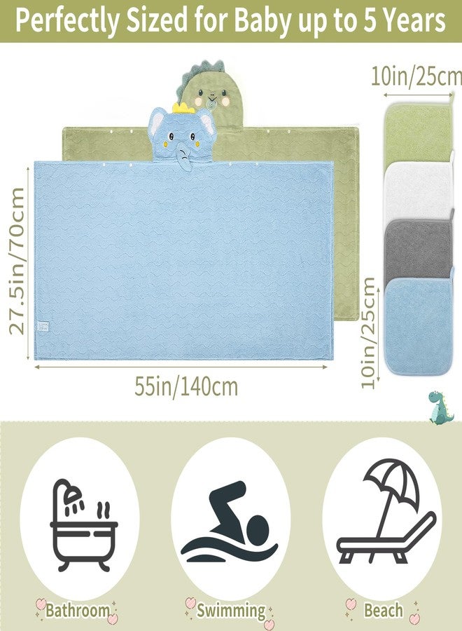 CandyHome 6 PCS Toddler Bath Towel Set for Boy Girl 0-5 Year, 2 PCS Thick Absorbent Hooded Baby Bath Towels Large 55" x 27.5" & 4 PCS Washcloths, Ultra Soft Gift for Infant, Toddler, Kids, Dinosaur & Elephant - Image 2