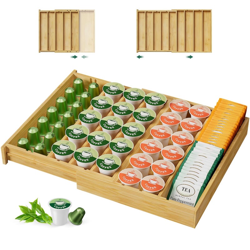 EsLuker.ly Bamboo Coffee Pod K Cup Holder Organizer for Drawer Insert Counter, Expandable Coffee Tea Storage Tray Compatible with Nespresso Vertuo Capsules - Easy Access for Office Home Kitchen - Image 1