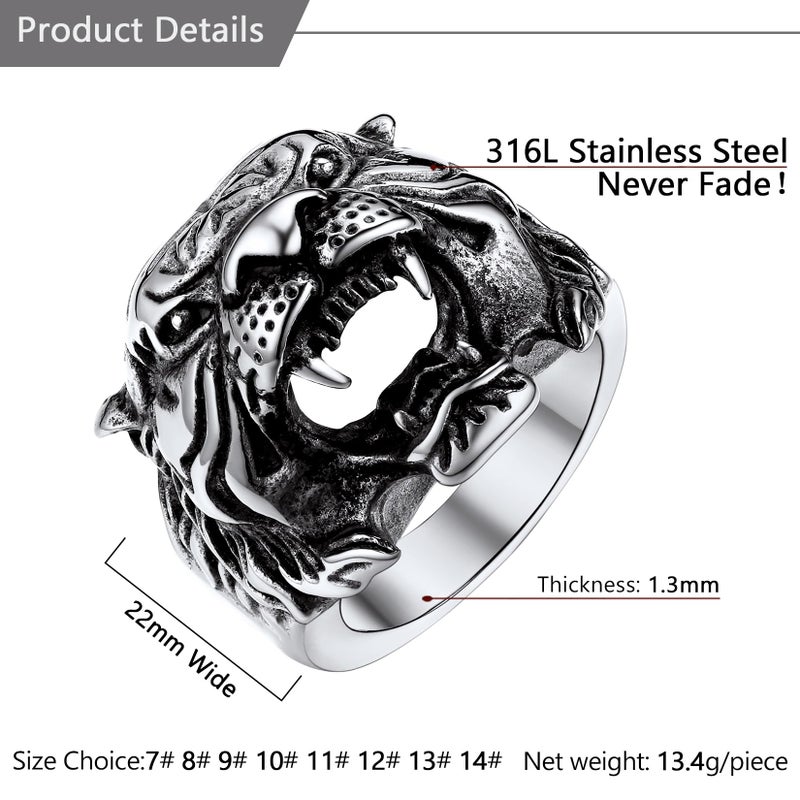 U7 Men Personalized Tiger Head Ring Vintage Enamel Black Stainless Steel Gothic Biker Rings, Statement Animal Rings for Party, Size 7 - Image 4